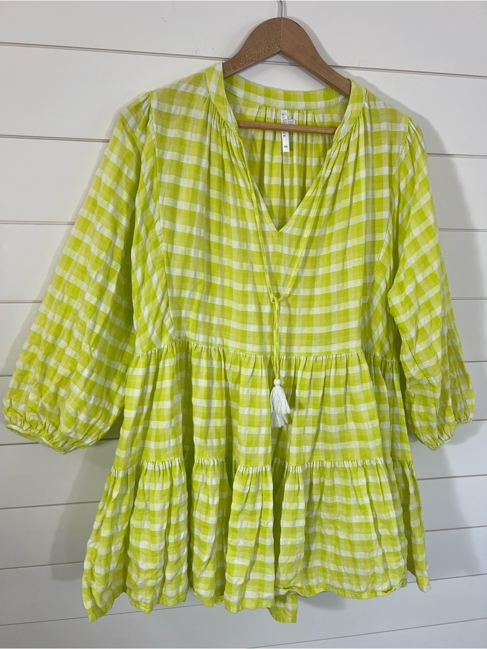Seafolly Lime Green Gingham Swim Cover Up Dress S/M Boho Beach 100% Cotton
